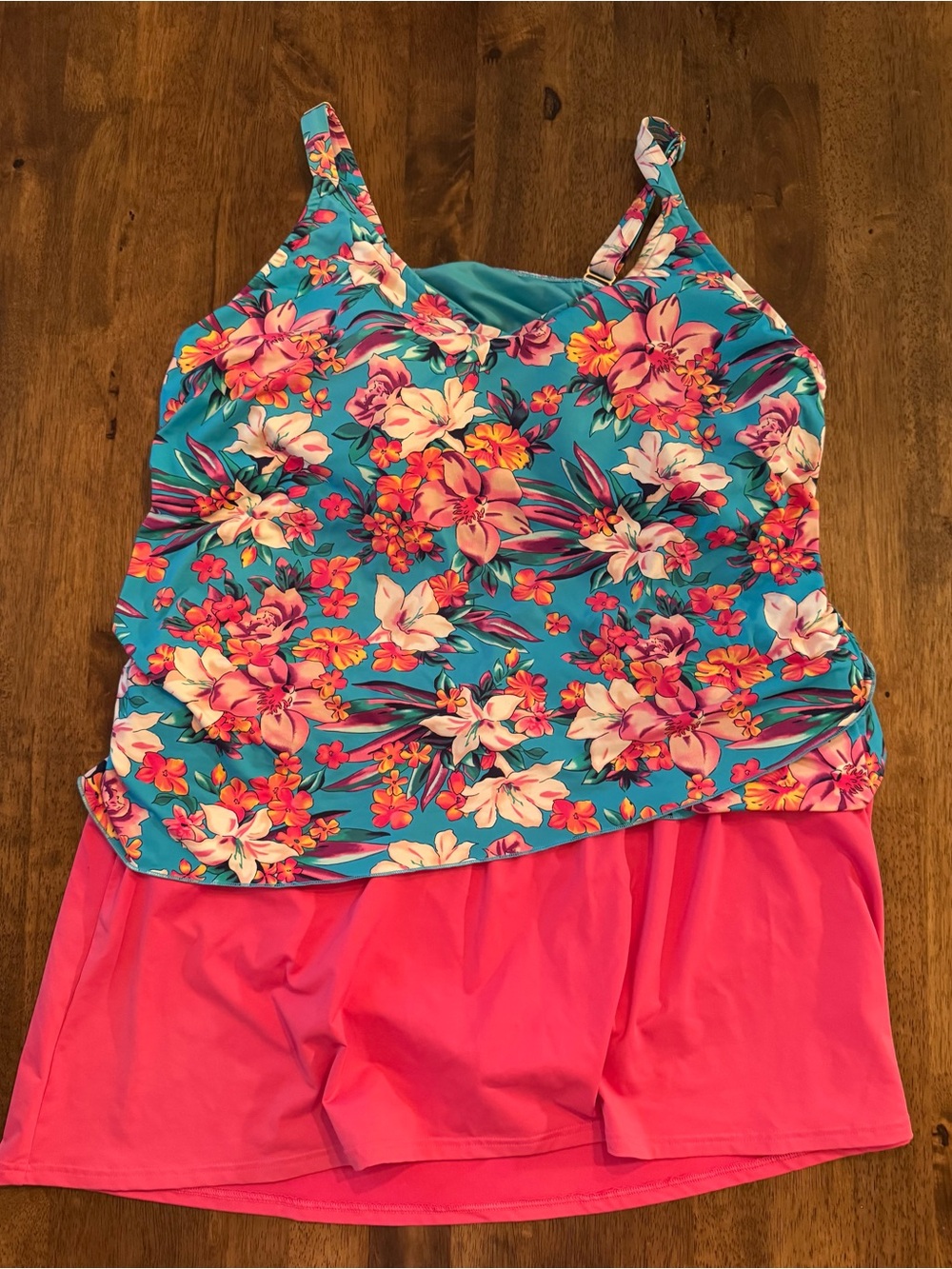 Lands' End Women’s Plus Turquoise Floral Tankini with Pink Skirt 2X